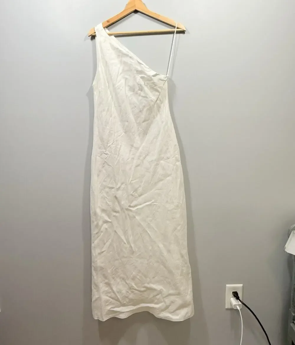 Zara White 100% Linen One Shoulder Minimalistic Maxi Dress Women’s Regular M